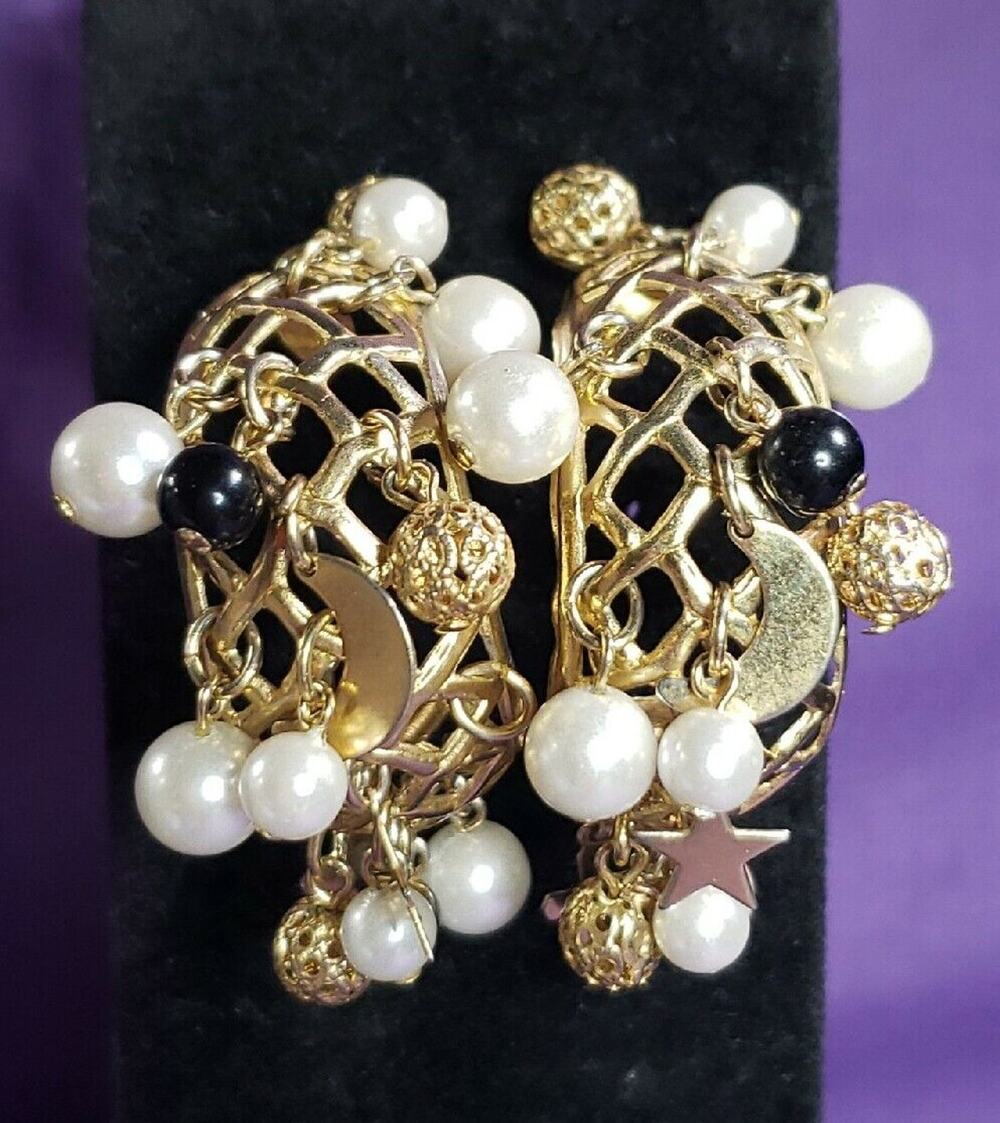 Lattice Weave Hoop Earrings with Faux Pearls, Beads & Baubles In Gold Tone